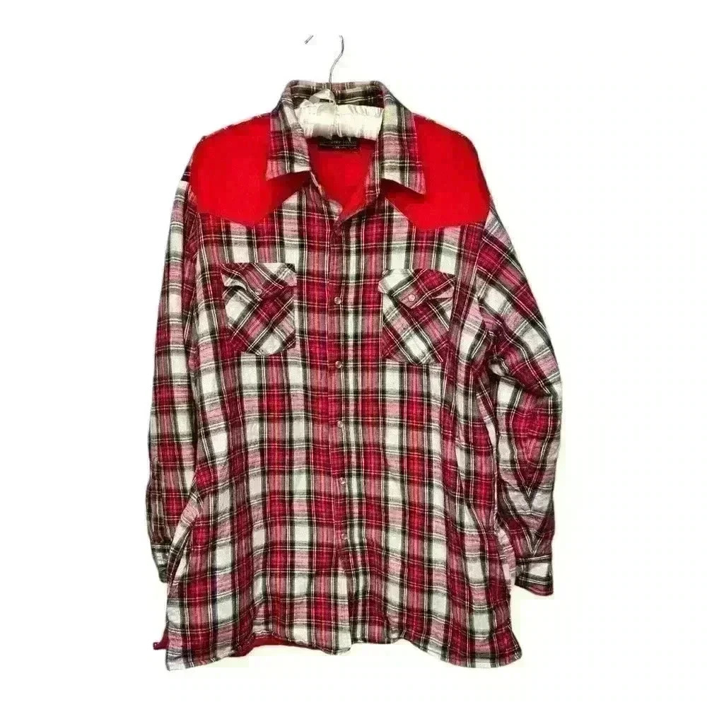 Country Touch Red Plaid Western Snap Shirt Jacket Shacket XL Vintage Cowboy